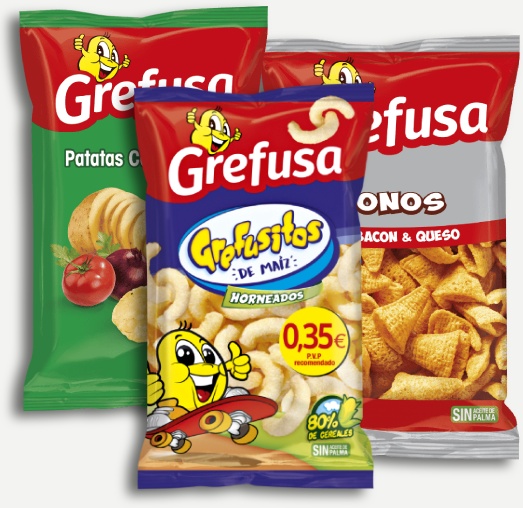 tres bolsas de snacks Grefusa (patatas, Grefusitos de maíz y conos) 